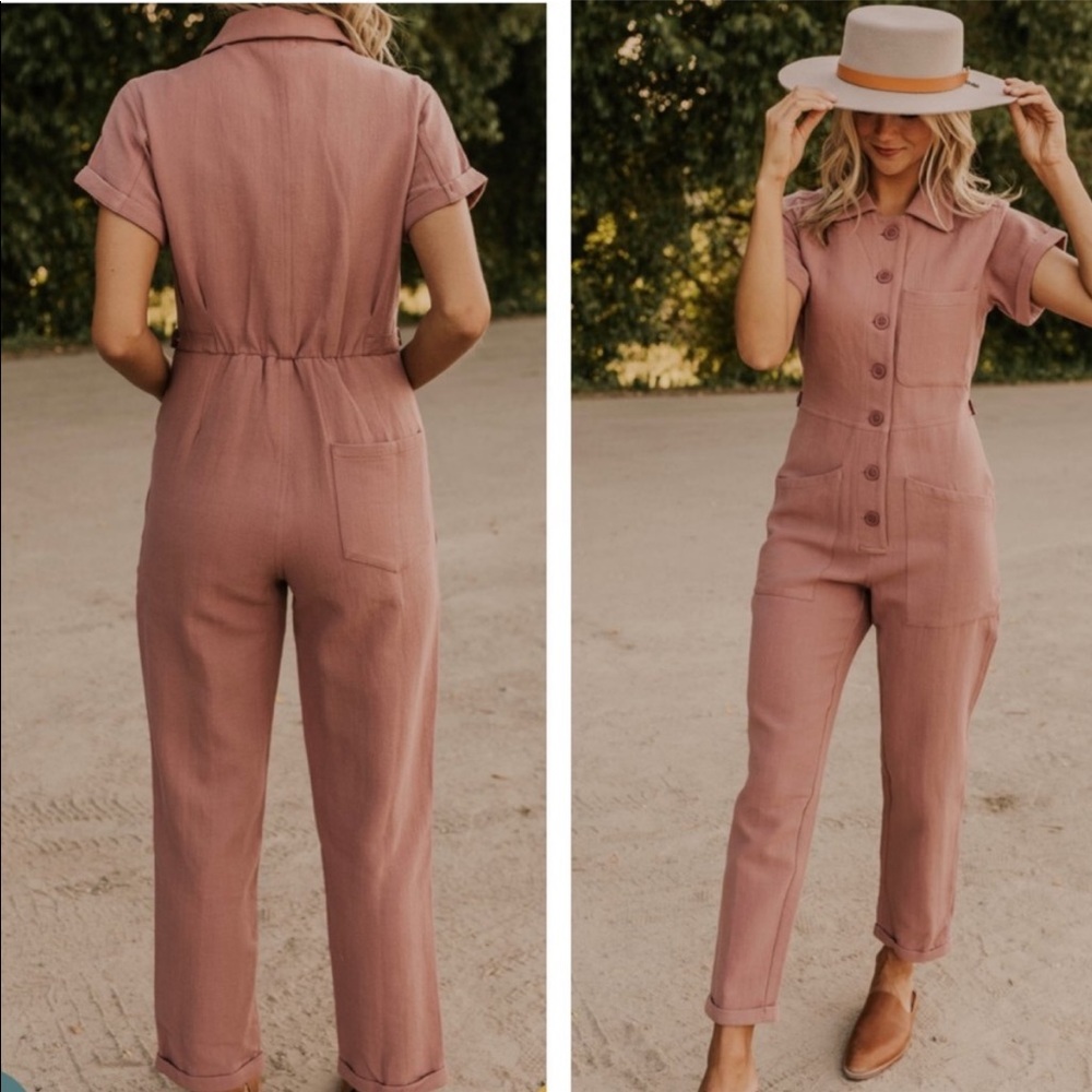 NWT ROOLEE Dusty Mauve Pink Button Down Comfy Short Sleeve Jumpsuit